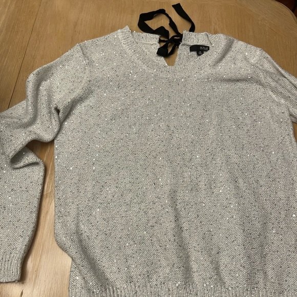 a.n.a Ana Womens Misses Gray Metallic Sequin Bow Tie Back Sweater - Picture 3 of 10